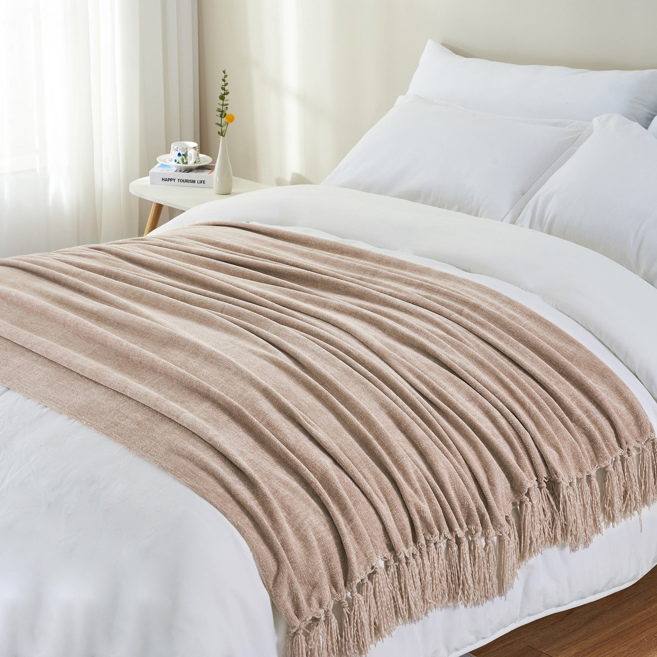 Lightweight Warm Chenille Throw Blanket with Fringe Tassel for Couch Sofa Chair Bed, Taupe 50" X 60" - Luxury Knitted Decorative Throw Blanket with Fringes Detail