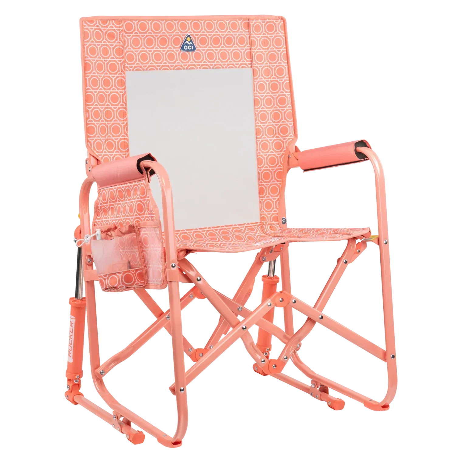 Luxury Camp Stowaway Rocker - Choice 794 - Heavy-Duty Kickback Rocker with Beverage Holder - Coral Mosaic