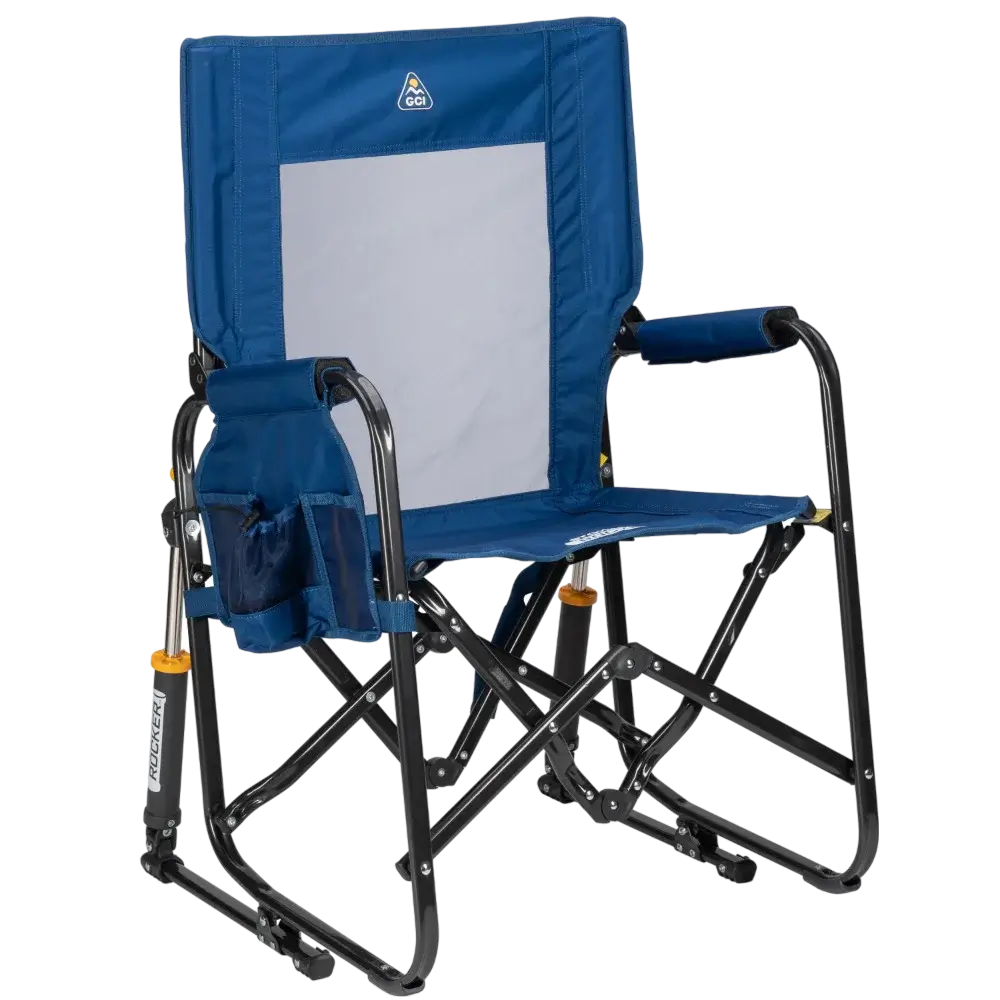 Luxury Camp Stowaway Rocker - Choice 794 - Heavy-Duty Kickback Rocker with Beverage Holder - Soft Navy